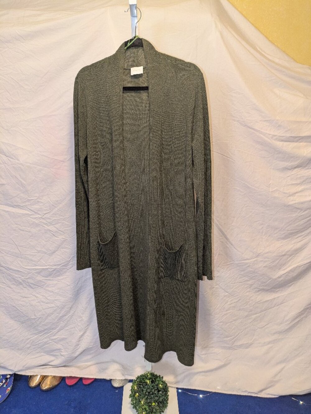 Cyrus Knits Olive Green Longline Open Cardigan Sweater with Pockets XL